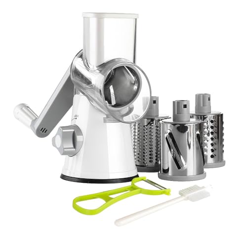 Ourokhome Rotary Cheese Grater Hand Crank, Kitchen Shredder Speed Mandolin Slicer Nuts Grinder with Handle and Drum Blades for Cheese, Vegetable, Walnuts, Chocolate, Potato, Carrot, 3 Blades, White