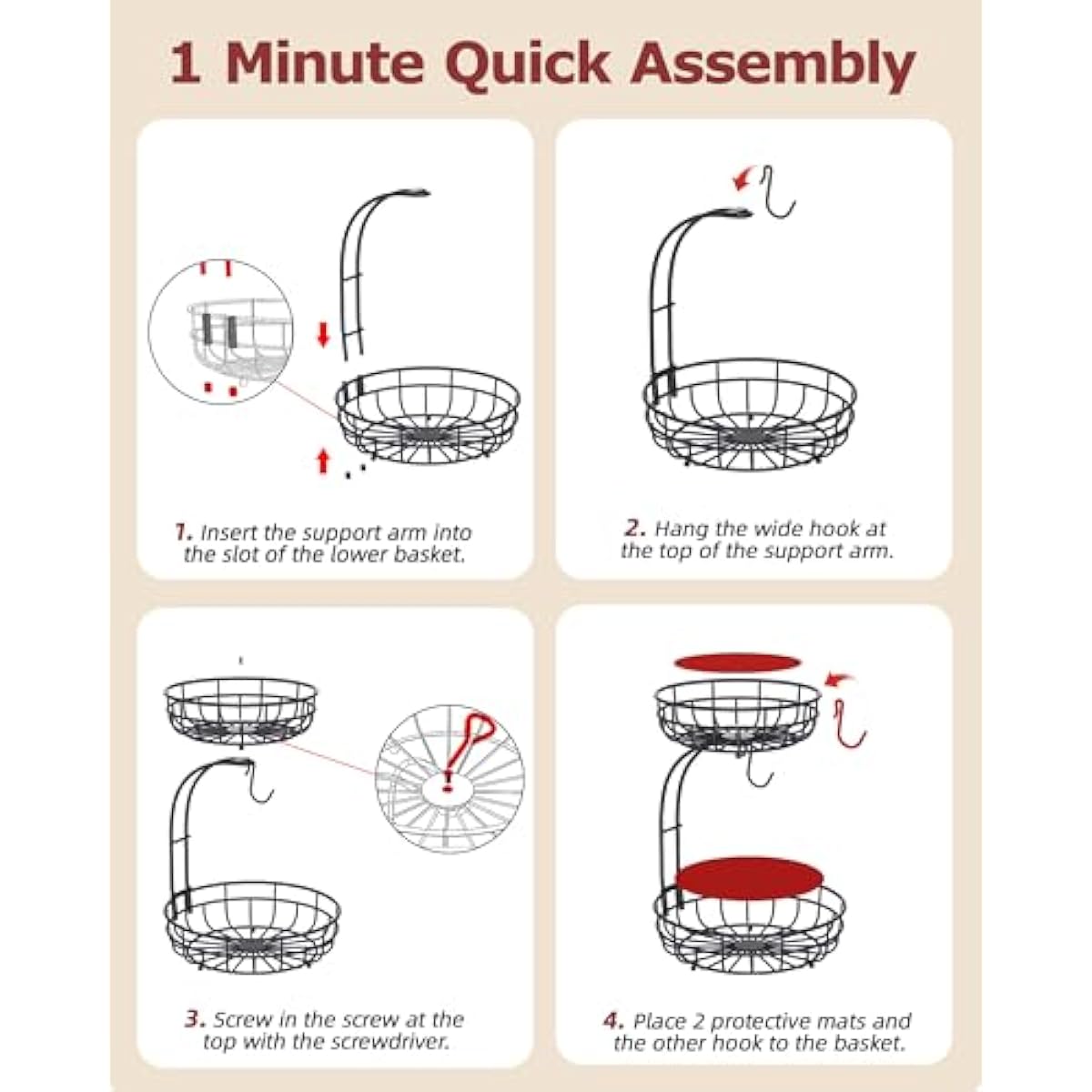 2 Tier Large Fruit Basket for Kitchen Counter with Removable Banana Hanger - Sturdy Iron Fruit Bowl for Kitchen Counter and Vegetable Holder, Fruit Holder for Kitchen Countertop, Black