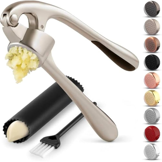 Zulay Kitchen Premium Garlic Press Set - Rust Proof Professional Garlic Mincer Tool - Easy-Squeeze, Easy-Clean with Soft, Ergonomic Handle - Silicone Garlic Peeler & Brush (Silver)