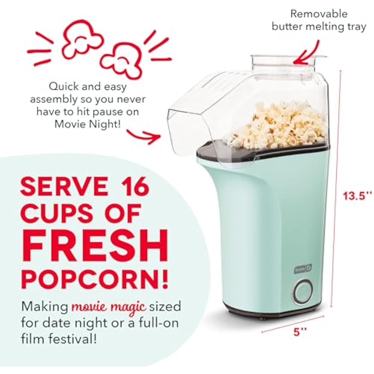 DASH Fresh Pop Popcorn Maker - Oil-Free, Air Popcorn Popper - With Measuring Cup & Recipe Guide - Perfect for Movie Nights - 16 Cups, Aqua