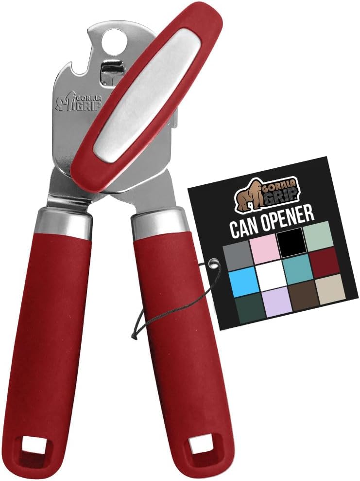 GORILLA GRIP Heavy Duty Stainless Steel Smooth Edge Manual Can Opener, Soft Comfortable Handle, Large Handheld Turn Knob, Built-In Bottle Openers, US Designed, Holiday Prep Kitchen Essential, Black