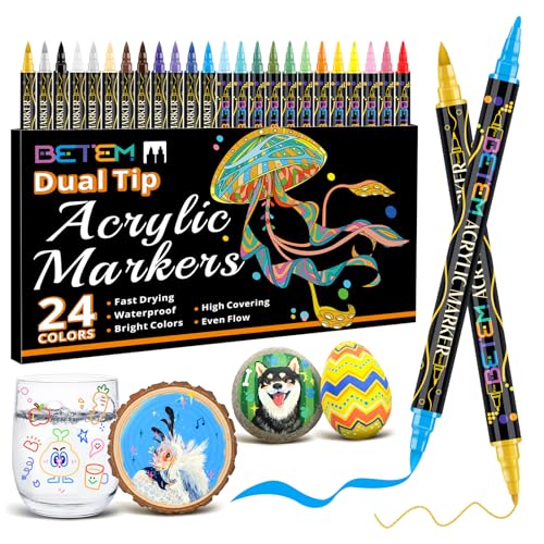 Betem Acrylic Paint Markers, Dual Tip 24 Colors Acrylic Paint Pens with Brush Tip and Fine Point, Art Supplies for Rock, Wood, Canvas, Stone, Glass, Ceramic, Rock Painting, glass maker