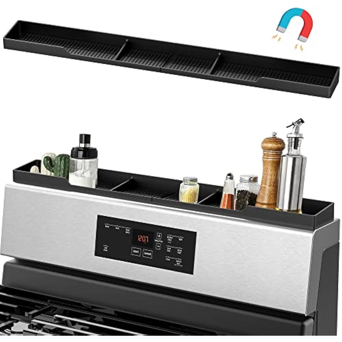 AWOKE Stove Top Shelf 30 Inch - Silicone Material Magnetic Shelf for Stove - 3 Functional Partitions Kitchen Spice Rack Organizer-Black,Kitchen Gadgets Storage Organization