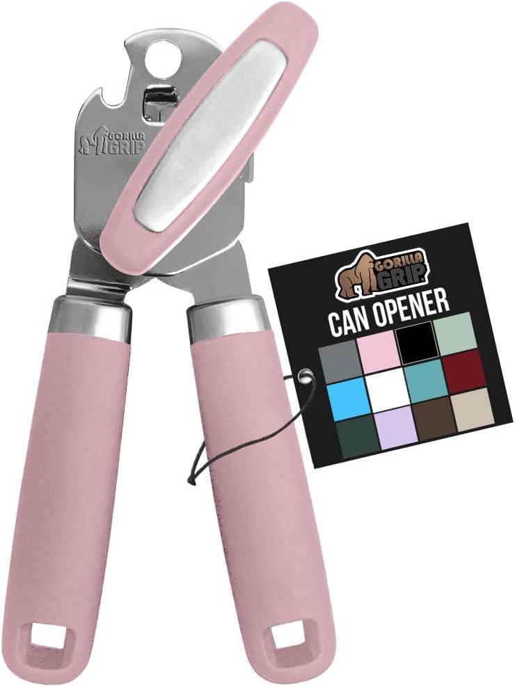 GORILLA GRIP Heavy Duty Stainless Steel Smooth Edge Manual Can Opener, Soft Comfortable Handle, Large Handheld Turn Knob, Built-In Bottle Openers, US Designed, Holiday Prep Kitchen Essential, Black