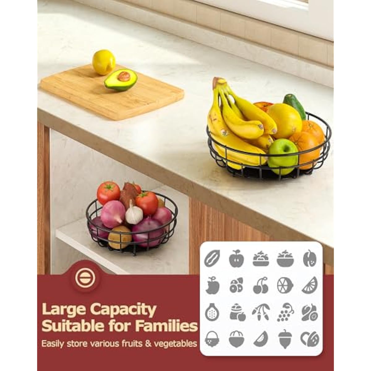 2 Tier Large Fruit Basket for Kitchen Counter with Removable Banana Hanger - Sturdy Iron Fruit Bowl for Kitchen Counter and Vegetable Holder, Fruit Holder for Kitchen Countertop, Black