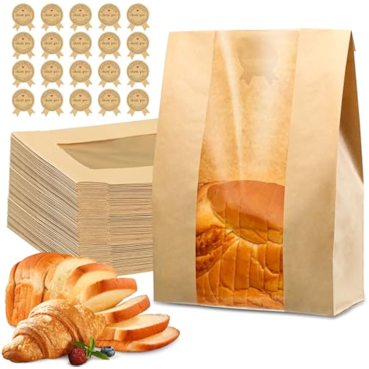 50 Pcs Bread Bags for Homemade Bread, Sourdough Paper With Window, 50% Thicker 13.7x8.2x3.7in A Large Bakery Bags Used for Storage Cookies & Snacks, 60 Cute Sealing Stickers With Ties