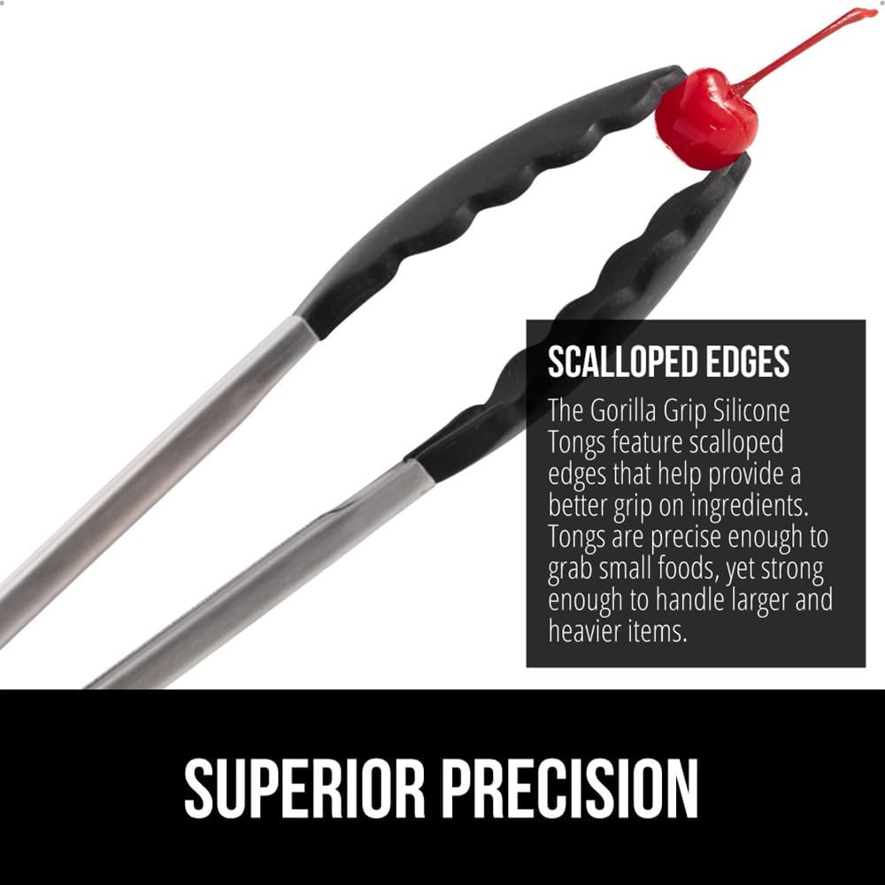 GORILLA GRIP Stainless Steel Heat Resistant Kitchen Tongs for Cooking, Set of 2 BBQ Tong, Non Scratch Silicone Tip for Pans, Strong Grip, Grab Food, Toss Salad, Air Fryer, Pull Lock, 7 + 9 Inch, Black