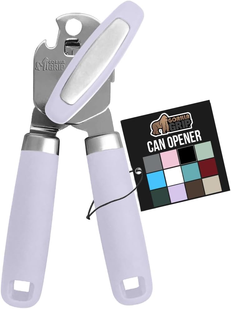 GORILLA GRIP Heavy Duty Stainless Steel Smooth Edge Manual Can Opener, Soft Comfortable Handle, Large Handheld Turn Knob, Built-In Bottle Openers, US Designed, Holiday Prep Kitchen Essential, Black