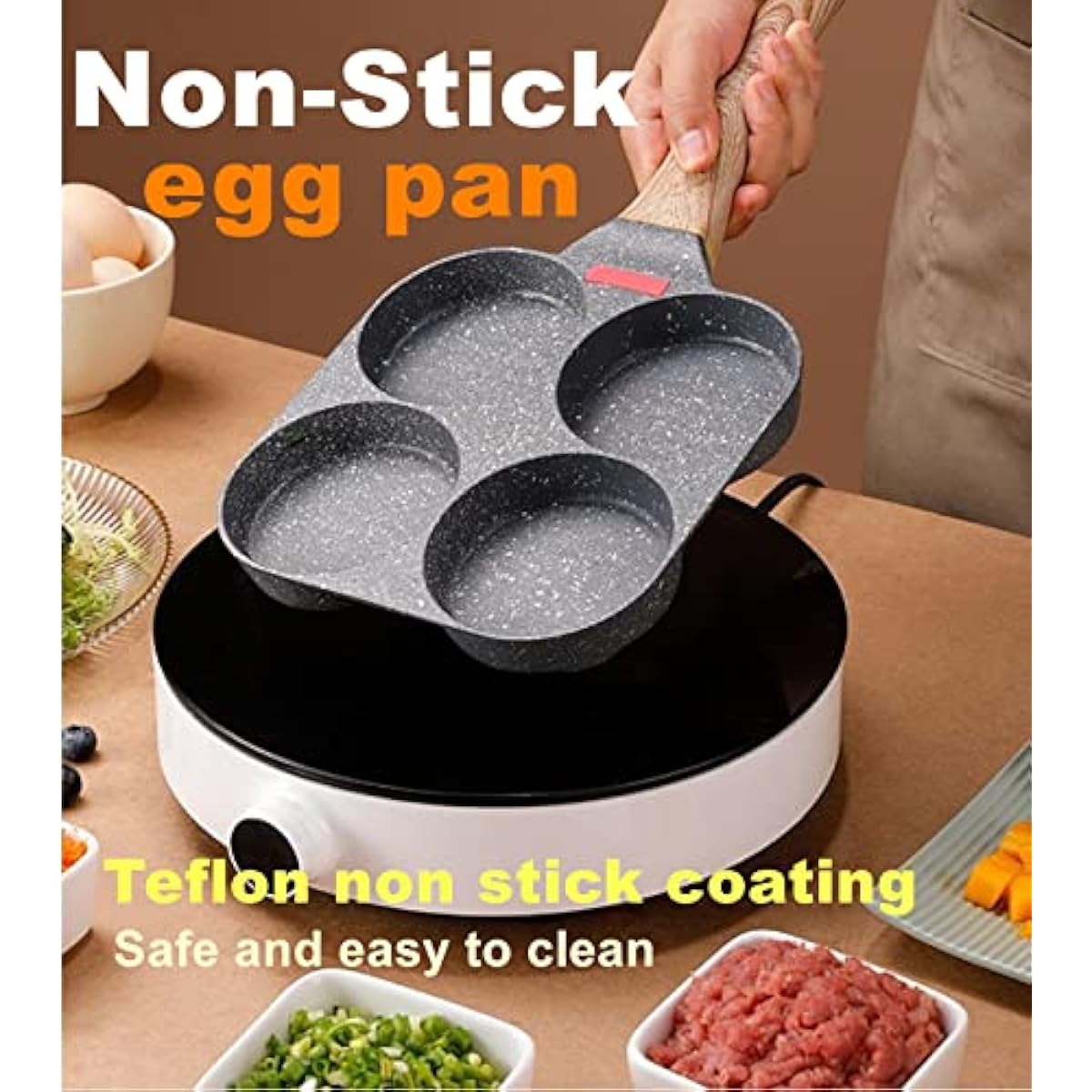 4-Cup Egg Pan Nonstick, and Granite Egg Frying Pan, Versatile Breakfast Skillet for Eggs, Pancakes, Plett, Crepes, Compatible with Gas Stove and Induction Cooktop