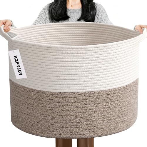 65L Large Woven Cotton Rope Blanket Basket with Handles, Laundry Hamper Storage Bin for Pillows, Clothes, Bedroom and Living Room Organization, White & Brown