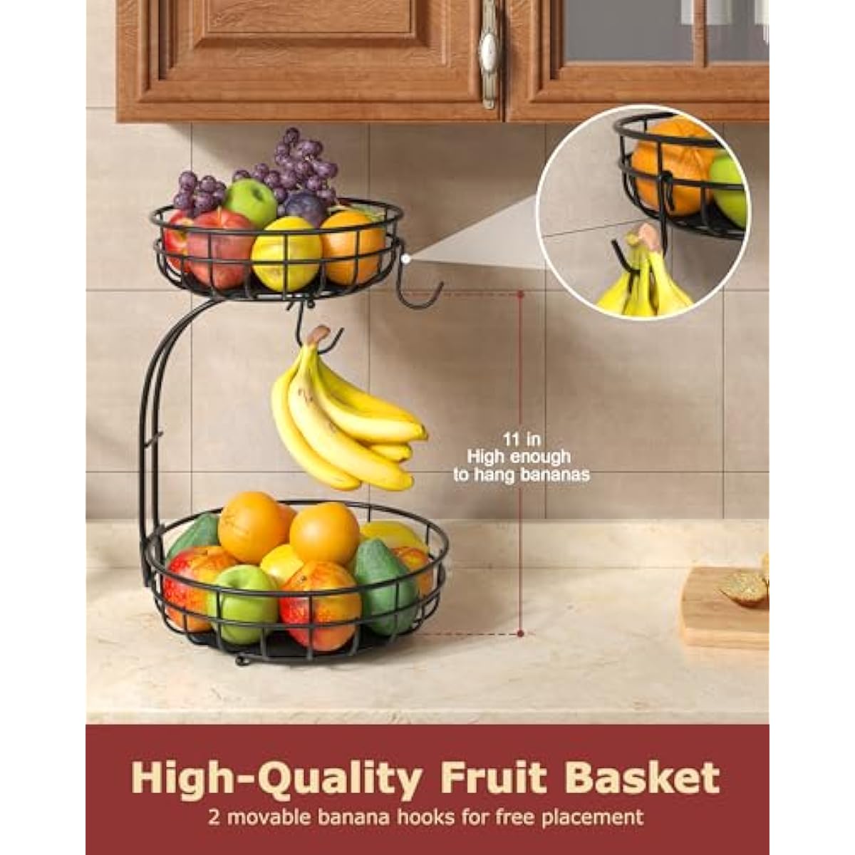2 Tier Large Fruit Basket for Kitchen Counter with Removable Banana Hanger - Sturdy Iron Fruit Bowl for Kitchen Counter and Vegetable Holder, Fruit Holder for Kitchen Countertop, Black