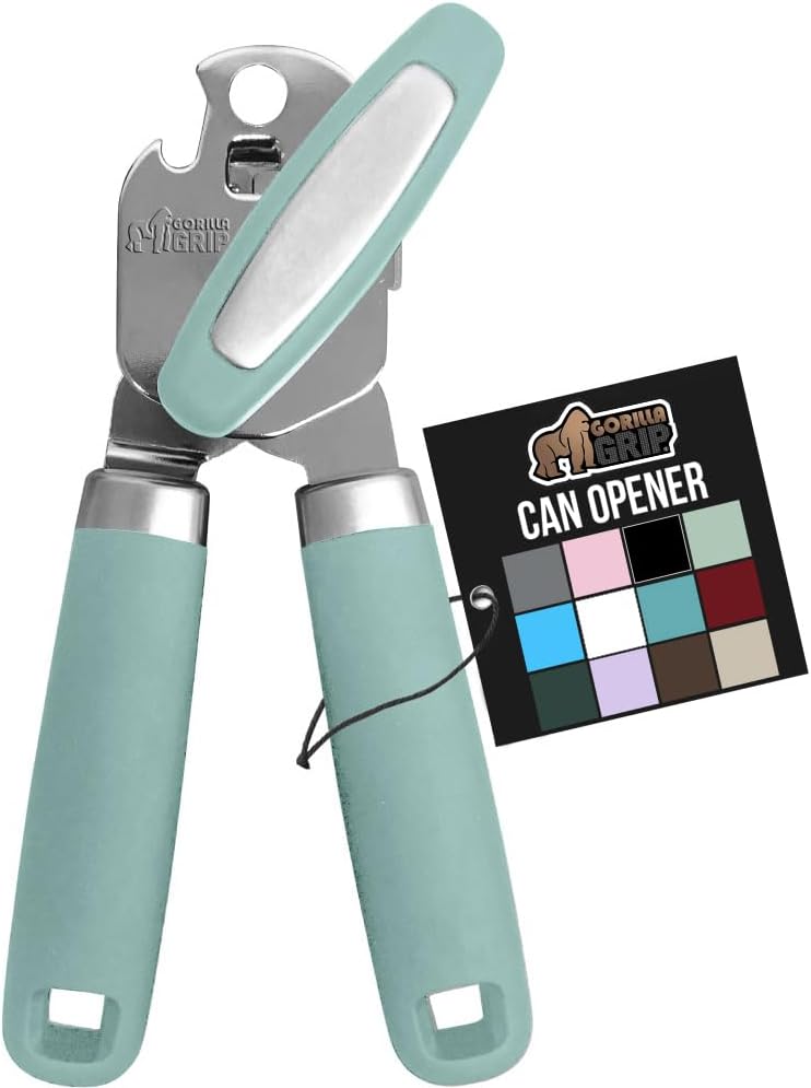 GORILLA GRIP Heavy Duty Stainless Steel Smooth Edge Manual Can Opener, Soft Comfortable Handle, Large Handheld Turn Knob, Built-In Bottle Openers, US Designed, Holiday Prep Kitchen Essential, Black