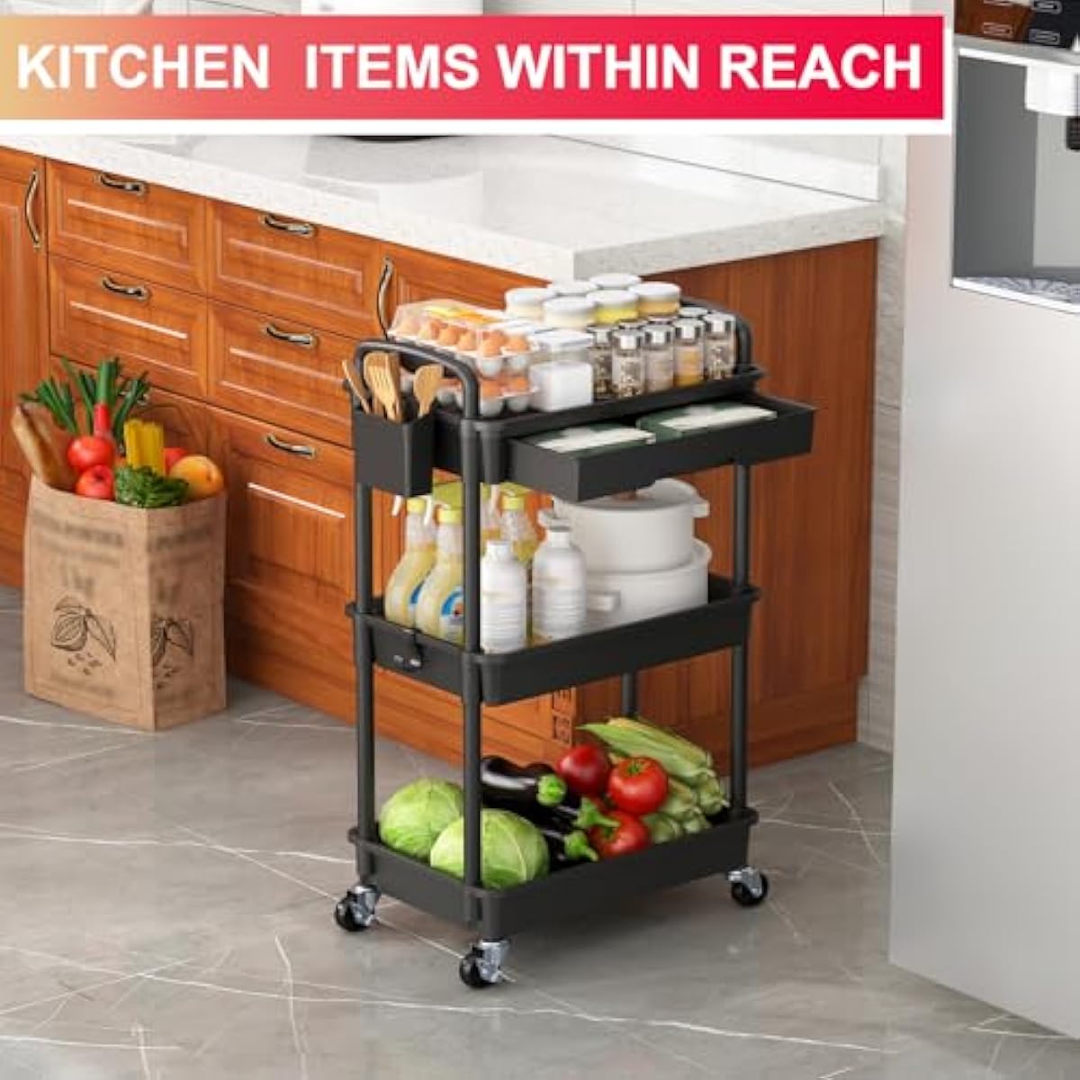 Goovilla 3 Tier Rolling Utility Cart Organizer with Removable Drawer, Stable and Sturdy Black Rolling Storage Carts with 2 Lockable Wheels for Bathroom, Kitchen, Snack, Craft, Makeup, Baby Essentials