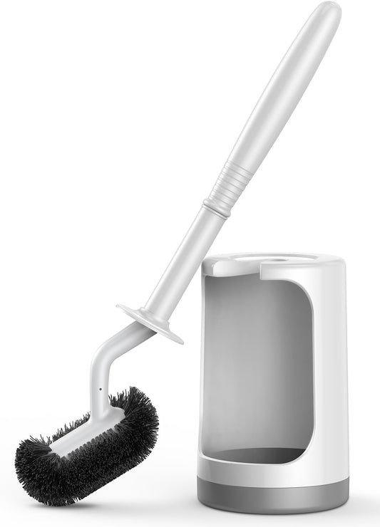 HAMITOR Toilet Bowl Brush Holder Set: Curved Design with Holder for Deep Cleaning Under Rim - Compact Hidden Scrubber for Small Space - Modern RV Bathroom Accessories - White