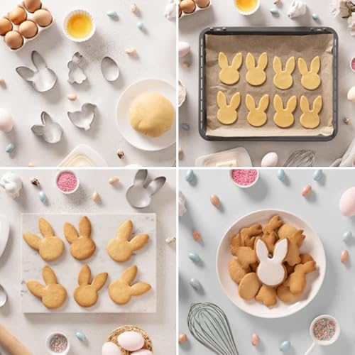 Easter Cookie Cutters Large Set of 6 - Egg, Chick, Carrot, Rabbit, Bunny Face, Butterfly Shapes - Stainless Steel Biscuit Molds for Spring Holiday Baking