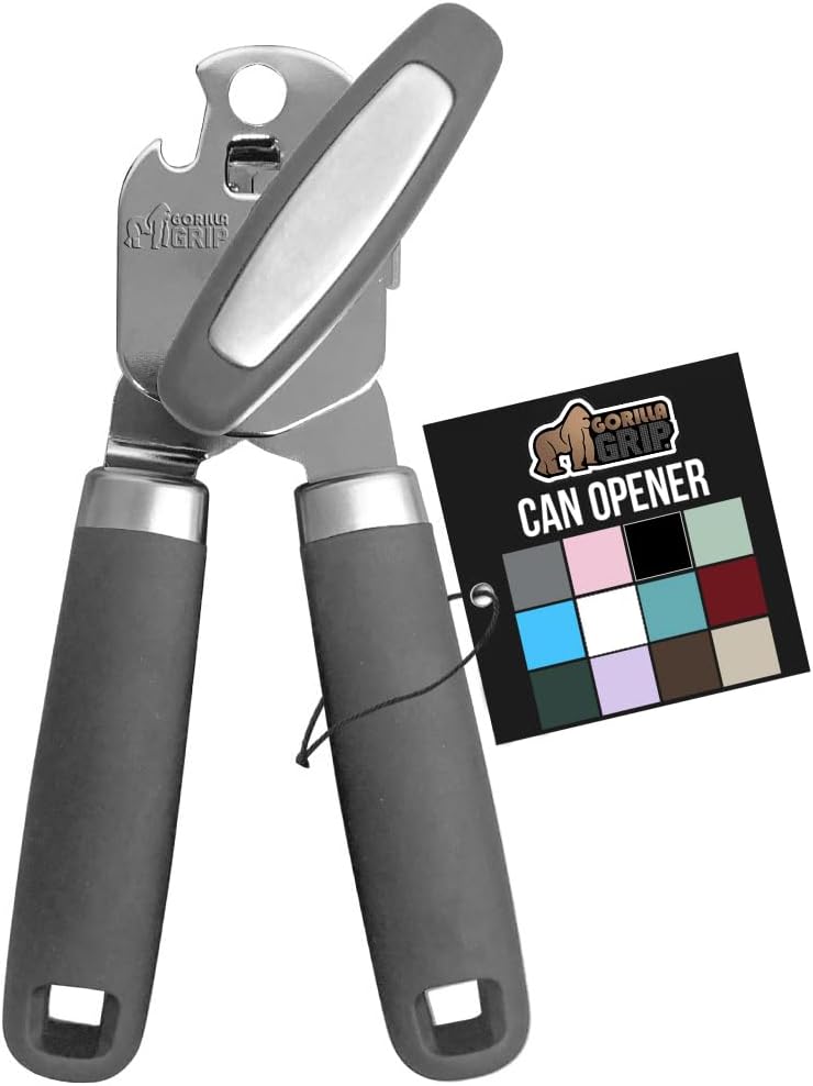 GORILLA GRIP Heavy Duty Stainless Steel Smooth Edge Manual Can Opener, Soft Comfortable Handle, Large Handheld Turn Knob, Built-In Bottle Openers, US Designed, Holiday Prep Kitchen Essential, Black