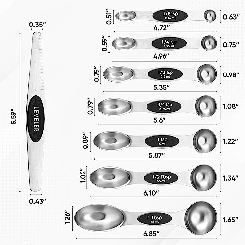 Spring Chef Stainless Steel Magnetic Measuring Spoons Set with Strong N45 Magnets, Heavy Duty Metal Kitchen Gadgets for Baking & Cooking, Fits in Most Kitchen Spice Jars, Set of 8 with Leveler, Black