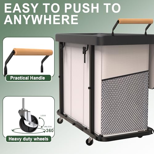 230L (60 Gal) Extra Large Fashion Laundry Sorter 3 Section with Lid, Rolling Laundry Basket Hamper with Handle, Laundry Organizer Storage Cart with Sturdy Metal Frame for Laundry Room, Hotel, White