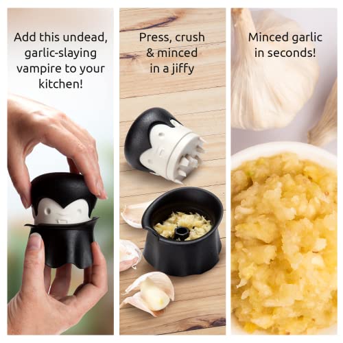 OTOTO Gracula Garlic Crusher, Garlic Mincer, Also for Ginger, Nuts, Chili, Herbs - Twist Top Mincer & Easy Squeeze Manual Press Peeler, Goth Gifts
