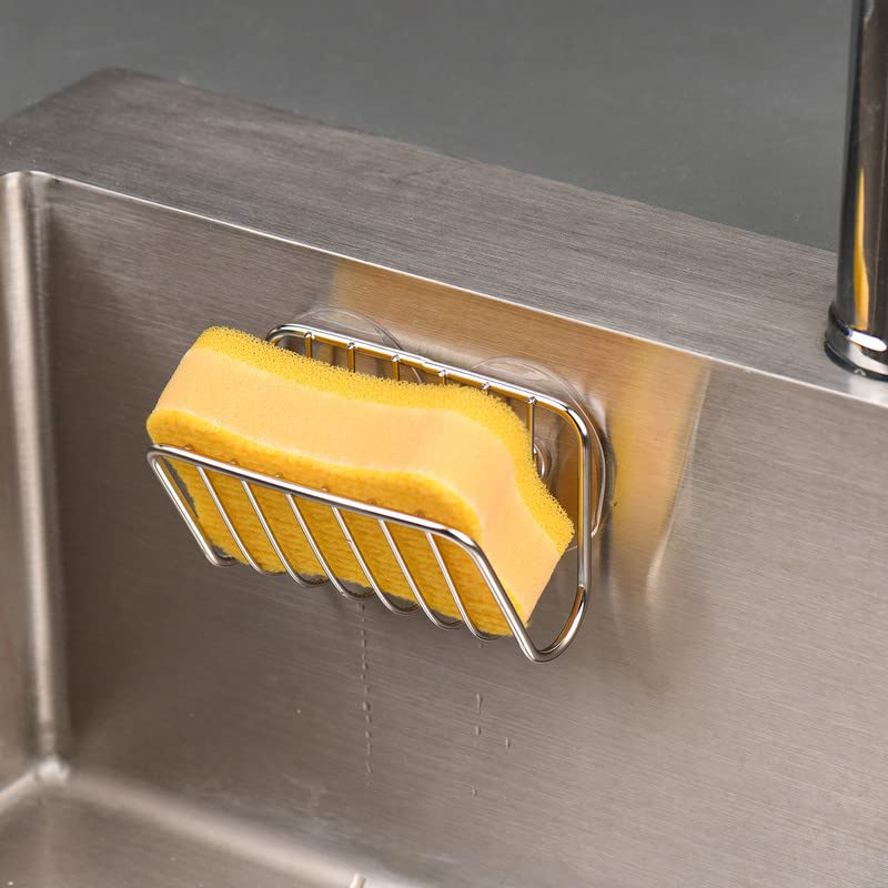 Toplife Sponge Holder for Kitchen Sink, Stainless Steel Suction Cup Sponge Caddy - Silver