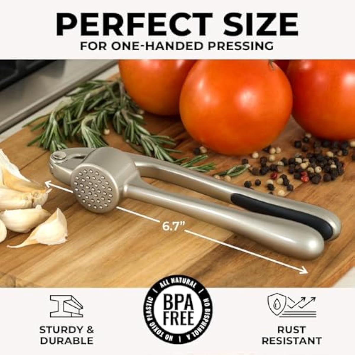 Zulay Kitchen Premium Garlic Press Set - Rust Proof Professional Garlic Mincer Tool - Easy-Squeeze, Easy-Clean with Soft, Ergonomic Handle - Silicone Garlic Peeler & Brush (Silver)
