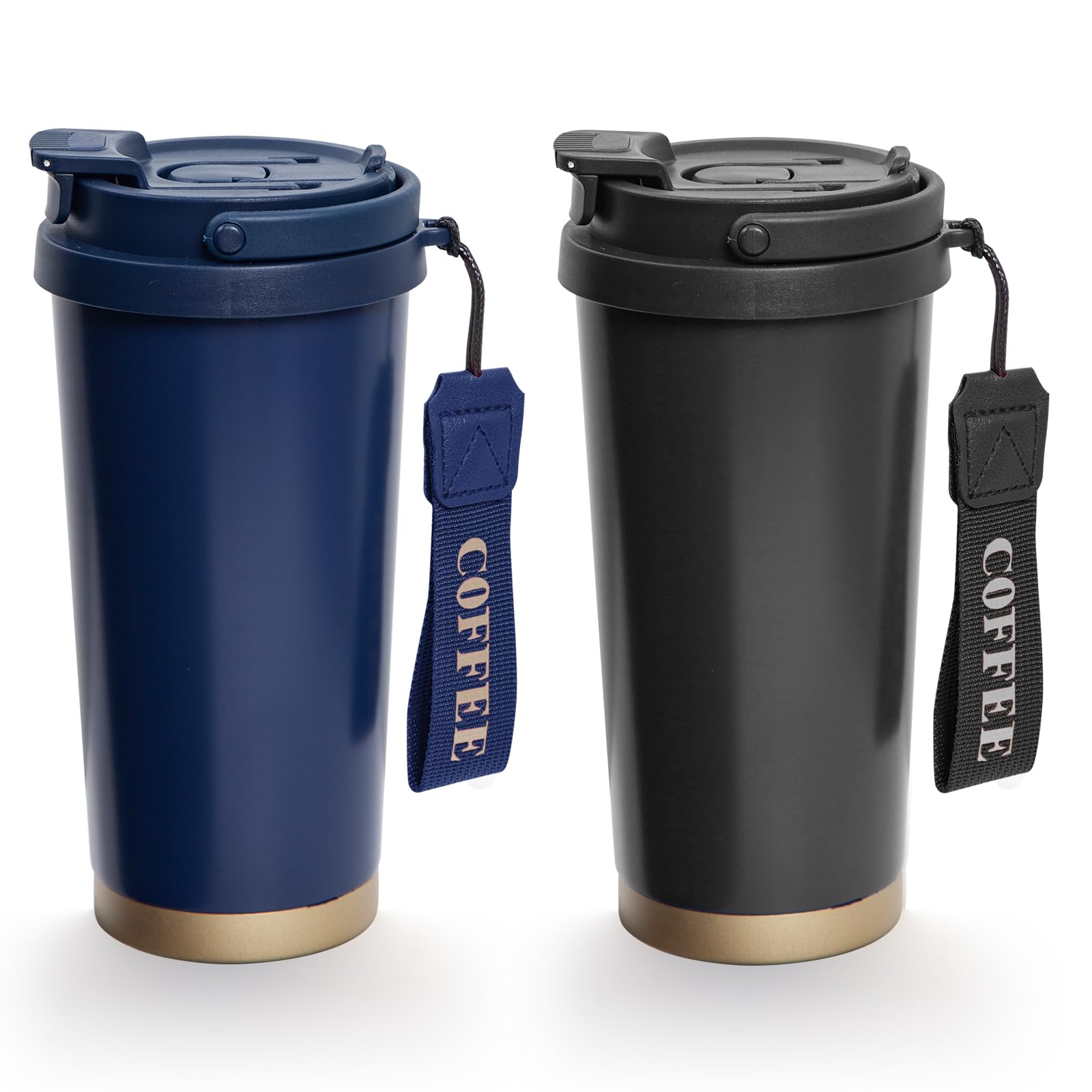 2 Pack 17oz Insulated Coffee Mug, Leakproof Travel Coffee Tumblers With Strap, Vacuum-Insulated Stainless Steel Reusable Coffee Cup for Hot & Cold Drinks