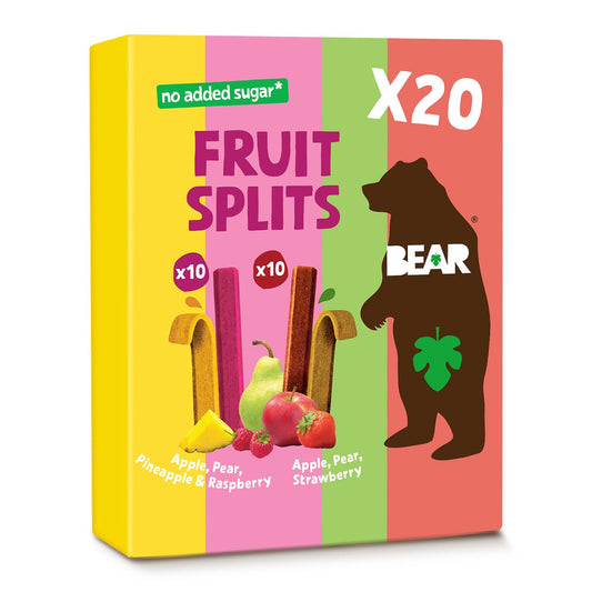 BEAR Real Fruit Snack Splits - Gluten Free, Vegan, and Non-GMO - Variety Pack (Apple/Strawberry, Raspberry/Pineapple)– Healthy School And Lunch Snacks For Kids And Adults, 0.7 Ounce (Pack of 20)