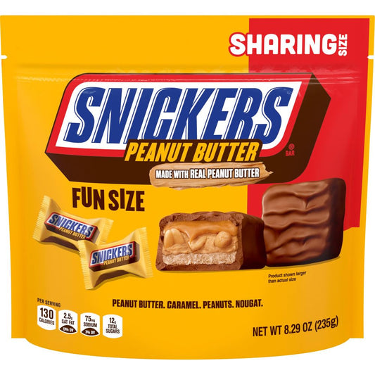 SNICKERS Fun Size Peanut Butter, Caramel & Peanuts Milk Chocolate Bars Individually Wrapped Candy Bars, Sharing Size, 8.29 Oz Bag