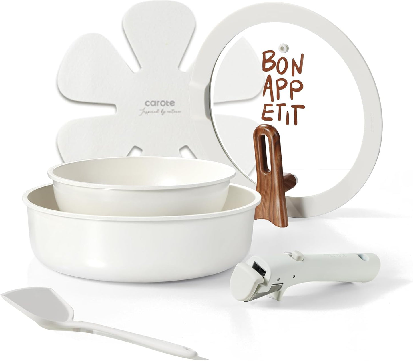CAROTE Ceramic Pots and Pans Set Non Stick, Nonstick Kitchen Cookware Sets with Lid, Detachable Handle Sauté Pan Set, Non Toxic Frying Pan, Oven Safe, Induction Ready, Pink