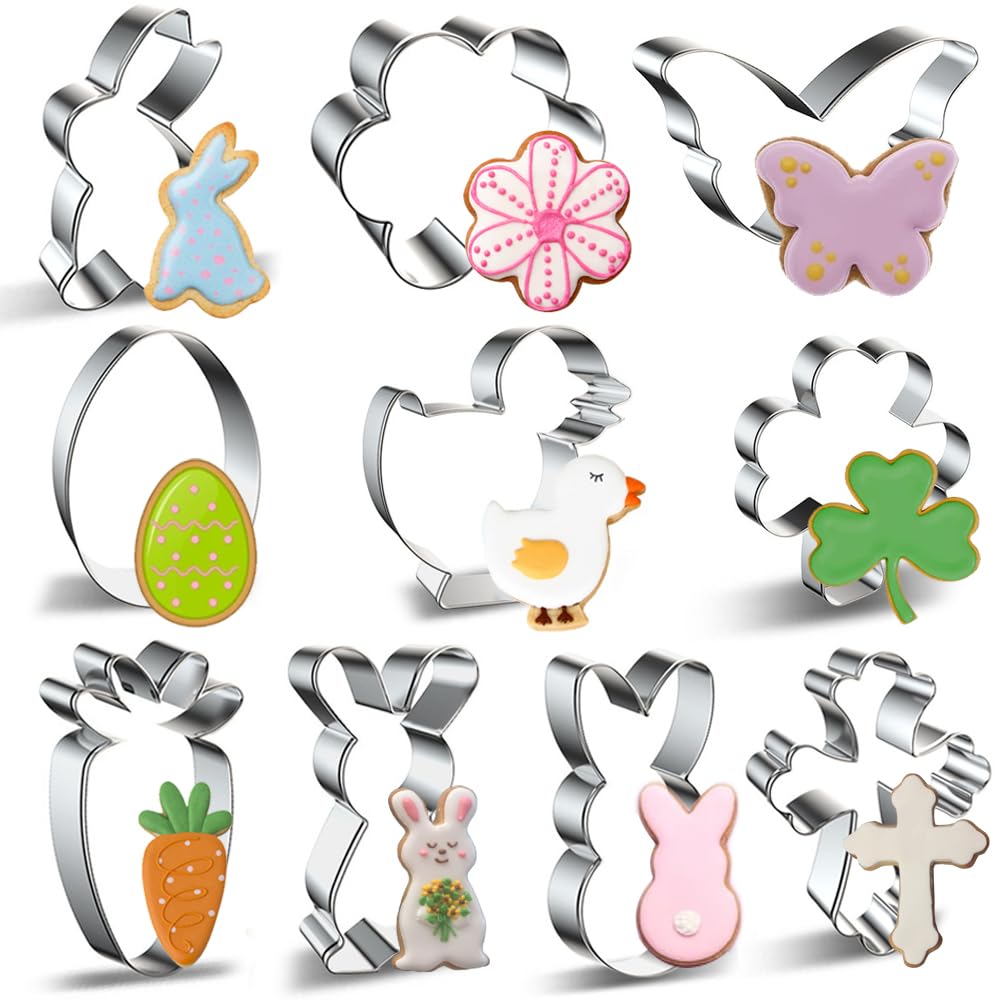 Easter Cookie Cutter Set - 10 pieces - Easter Bunny, Egg, Chick, Carrot, Rabbit, Bunny Face, Holy Cross, Leaf, Flower, Butterfly Shapes - Stainless Steel Biscuit Molds for Spring Holiday Baking