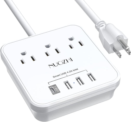 Cruise Essentials, NUOZHI 6 Ft Power Strip with 3 Outlets and 4 USB Ports(1 USB C), Non Surge Protector for Cruise Ship, Travel, Home Office, ETL Listed, White