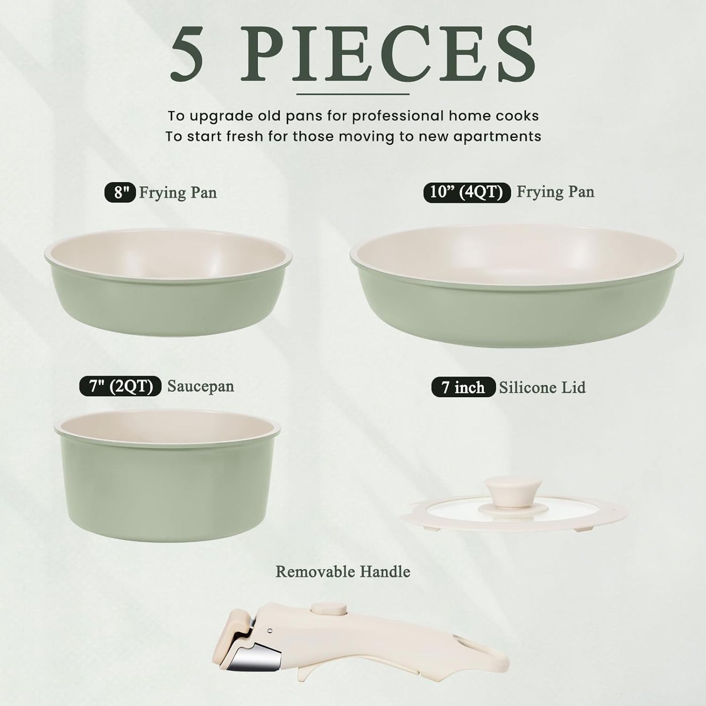 KIKCOIN Pots and Pans Set Nonstick, Ceramic Cookware Set Detachable Handle, Induction Kitchen Cookware Set with Removable Handle, Healthy Non Stick RV Cookware, Dishwasher ＆ Oven Safe, PFOA Free