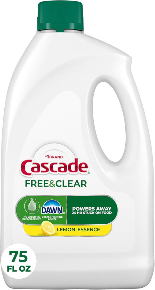 Cascade Free & Clear Dishwasher Detergent Liquid Gel, Dish Detergent, Dishwasher Soap, Lemon, 75oz