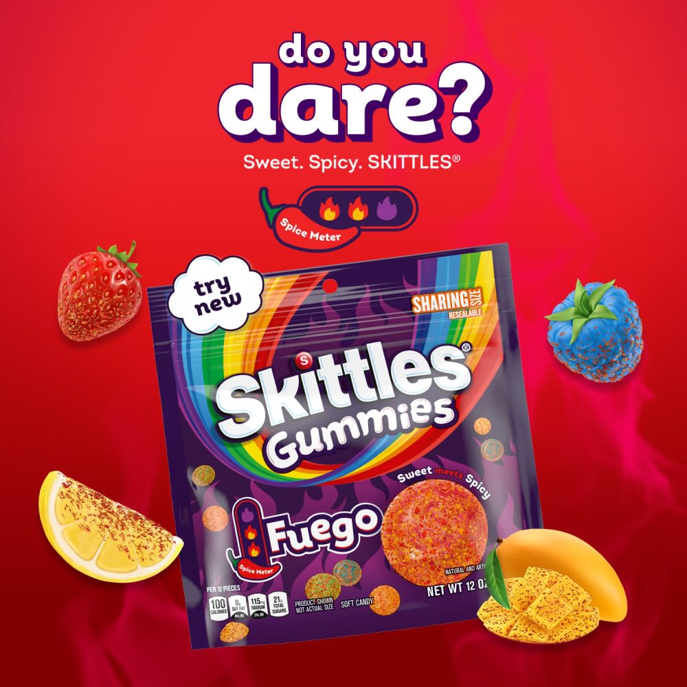 Skittles, Gummies Fuego Sweet and Spicy Gummy Candy, Sharing Size, Resealable, 12 Ounce