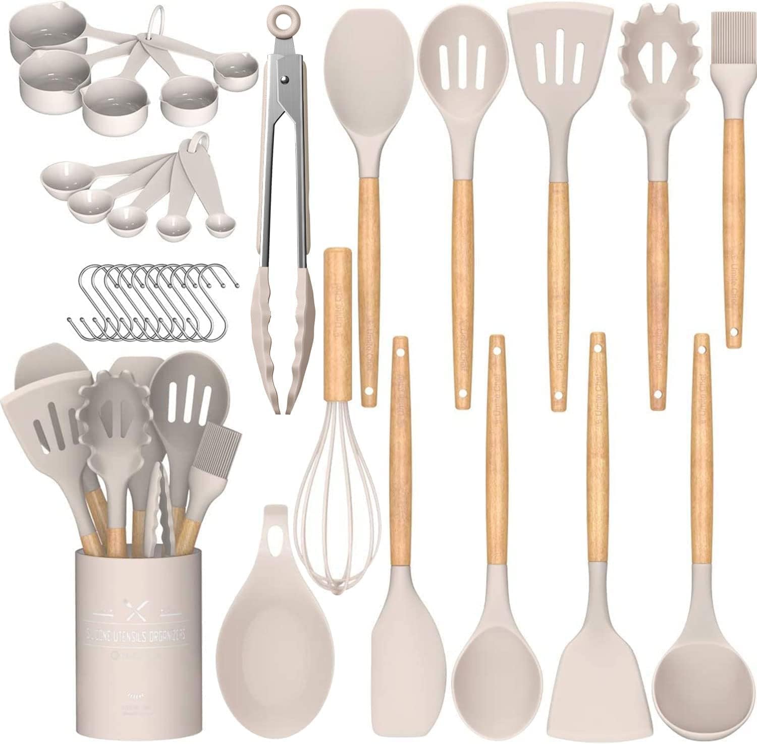 Set of kitchen utensils with wooden handles on a white background