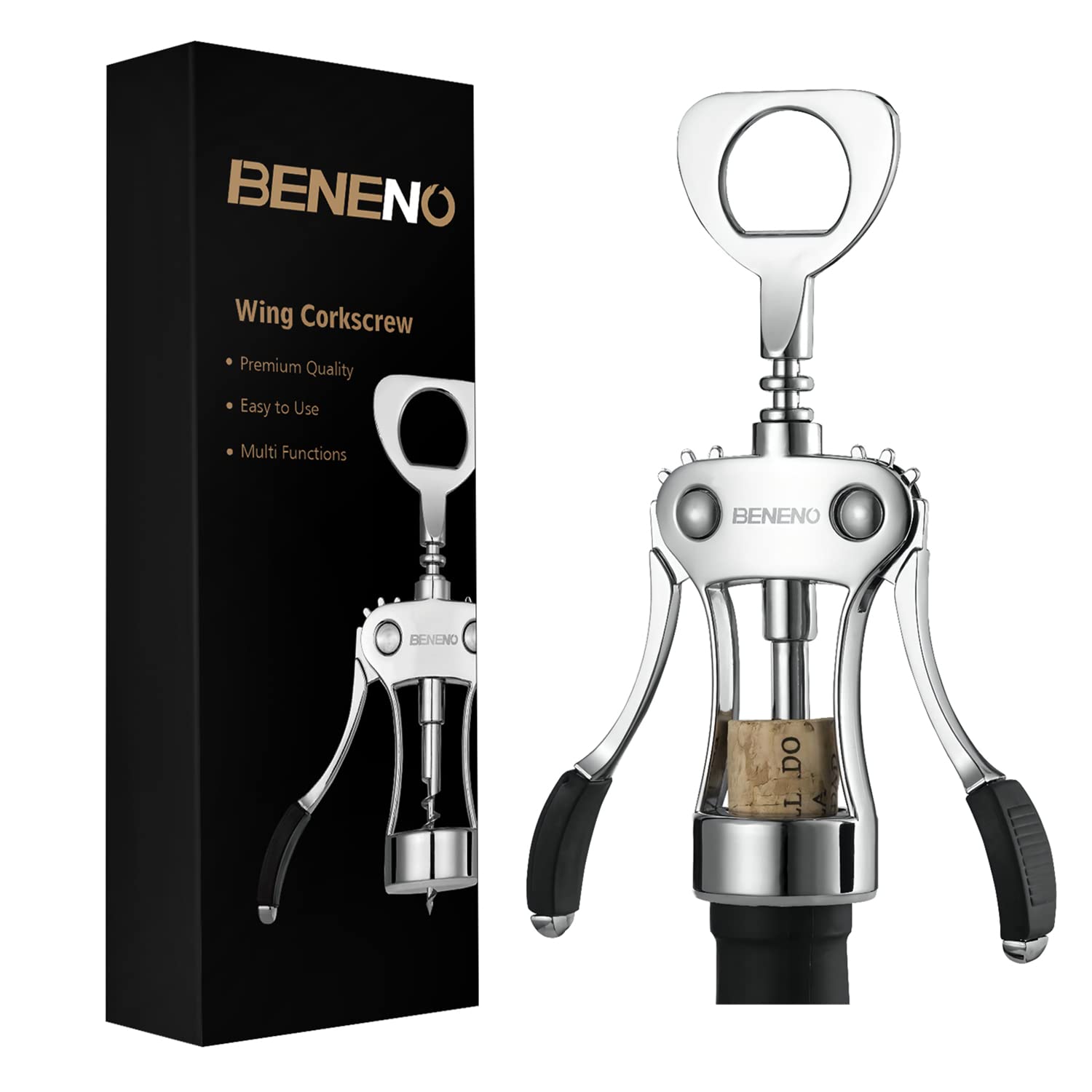 Beneno Wine Opener, Zinc Alloy Premium Wing Corkscrew with Multifunctional Bottles Opener, Sharp Wine Corkscrew with Ergonomic Non-Slip Wing Handle, Silver