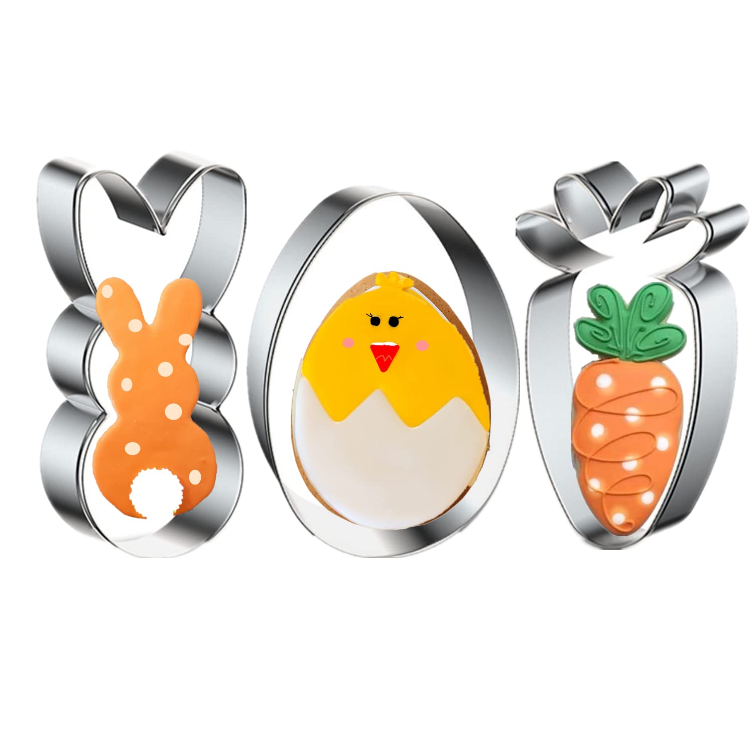 Easter Cookie Cutters, 3 Pieces Carrot Egg Bunny Rabbite Shapes Metal Cookie Cutters Stainless Steel Sets Holiday Themed Baking Kit