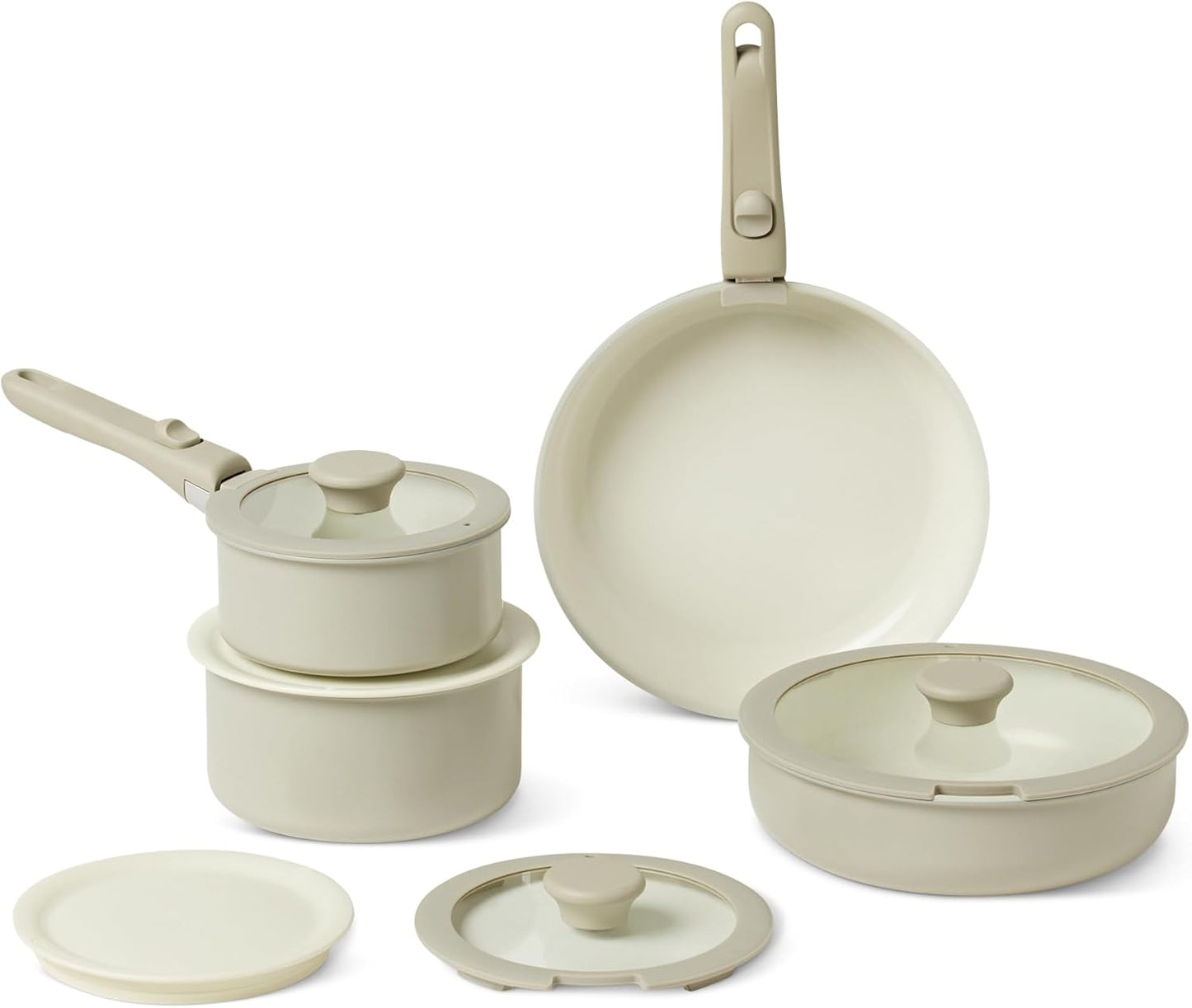 Amazon Basics Ceramic Nonstick Stackable Cookware with Detachable Handles, 11-Piece Set, All Cooktop Friendly, Linen Gray