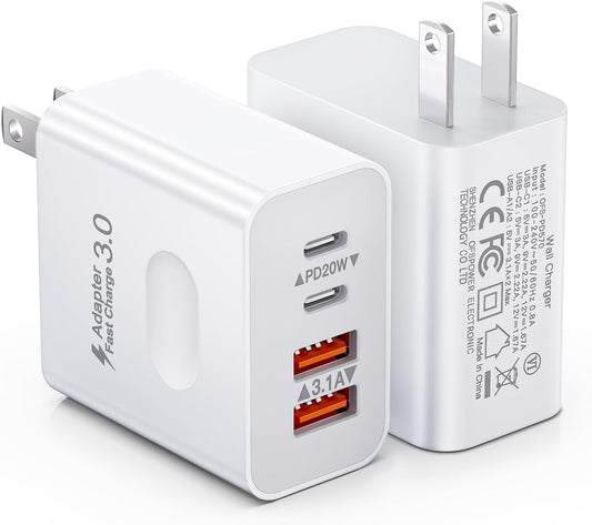 [2-Pack] USB C Wall Charger, 40W 4-Port Fast Charging Block USB C Charger Dual USBC Power Adapter + QC Wall Plug Multiport Brick Type C Block for iPhone 15/14/13/12/11/Pro Max/XS/XR, iPad, Samsung