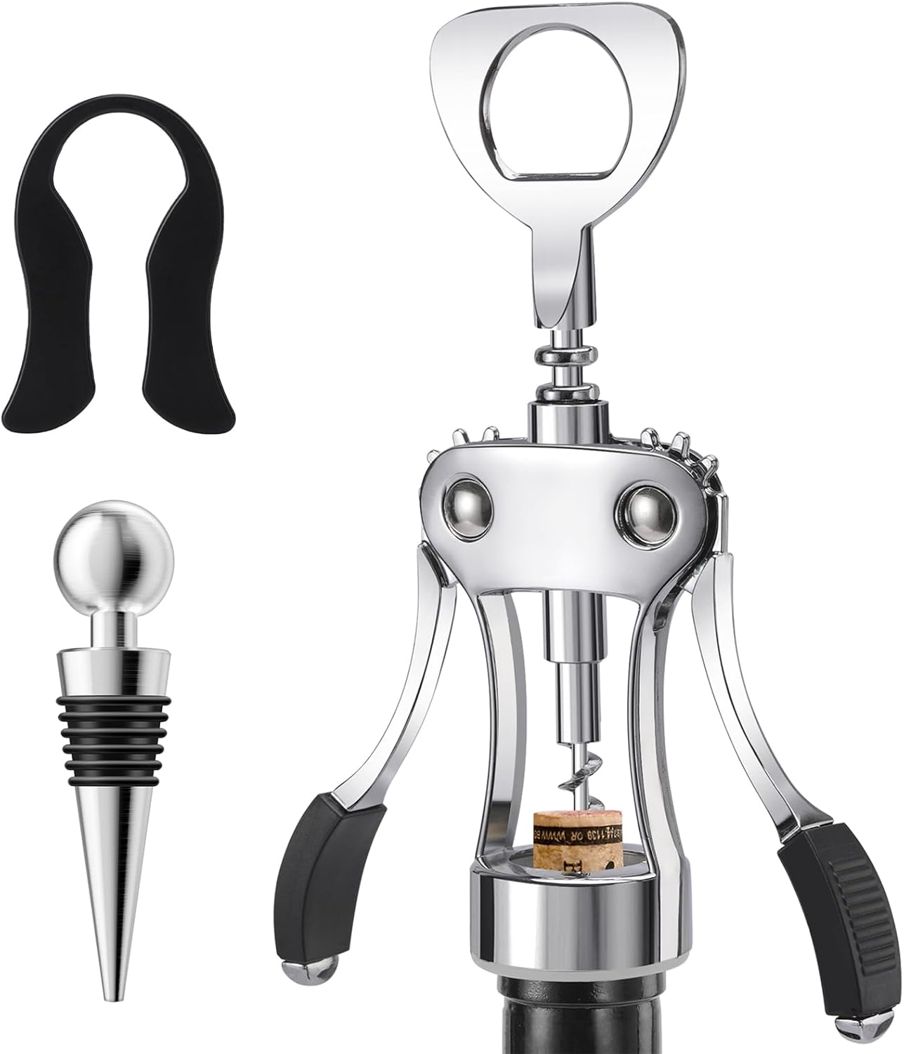 KORCCI Wine Opener, Heavy-Duty Zinc Alloy Wing Corkscrew, Premium Beer Bottle Opener, Multifunctional Wine Accessories with Ergonomic Handle and Sharp Screw, for Kitchen, Bar, Restaurant, Bartenders