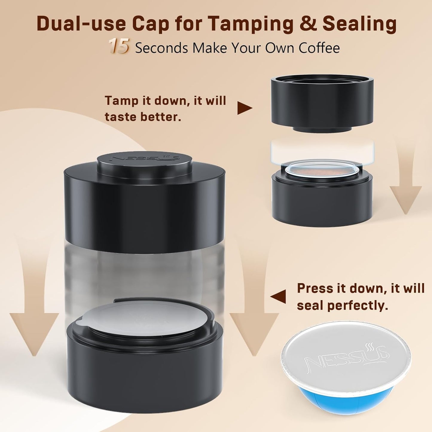 Nessus Reusable Kit for Nespresso Pods Vertuo, Reuse Old Coffee Pods for Nespresso Vertuo: 100 Pcs Aluminum Foil Seal Lid, Holder, Brush, Refillable Vertuo Plus Next Capsule Machine(No Pods Come)