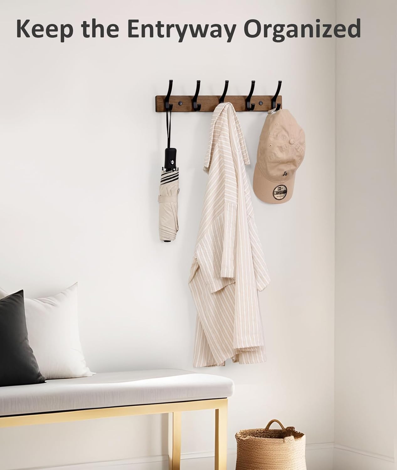 Coat Rack Wall Mount, 16.5 Inches Wood Coat Hooks, Wall Hooks for Hanging, Hat Rack Bag Hanger Key Holder for Wall, Purse Hanger Towel Racks for Bathroom (1Pack, Brown)