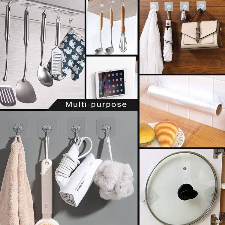 ZESLMG Adhesive Wall Hooks for Hanging, 16 Pack Self Sticky Hooks Heavy Duty 22lb Clear, Removable Shower Hook No Damage for Towel Key Coat Wreath Picture Outdoor Ceiling Bathroom Kitchen, Waterproof