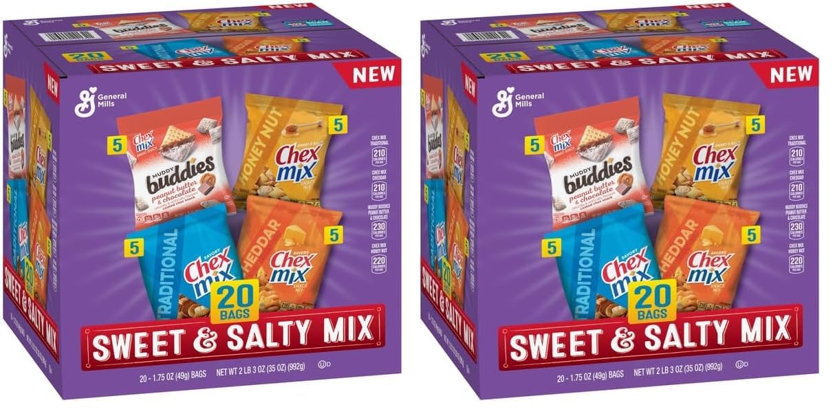 Sweet and Salty Snack Variety Pack, Muddy Buddies Peanut Butter and Chocolate, Chex Mix Traditional, Cheddar, and Honey Nut, 20 Ct, 35 oz