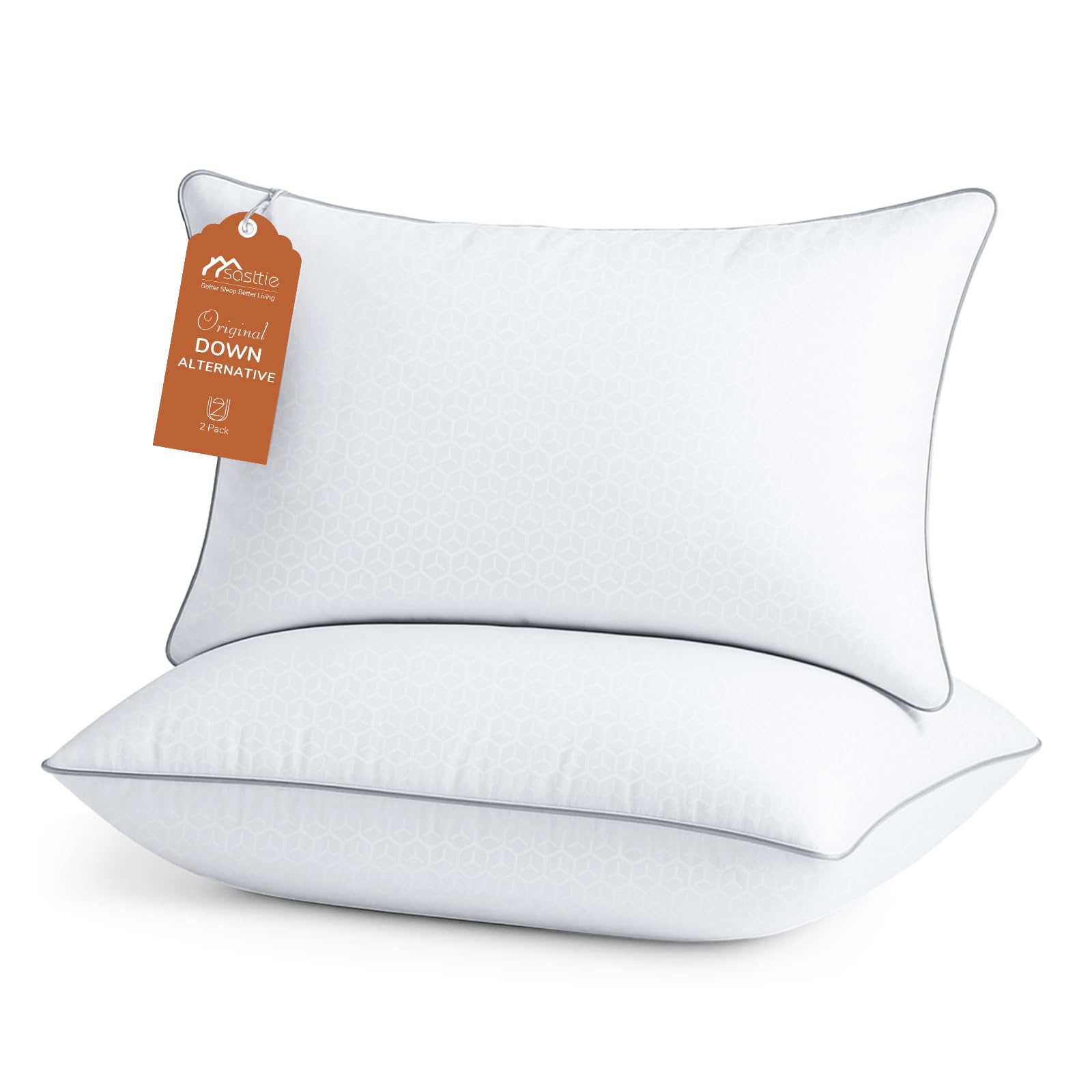Sasttie Bed Pillows for Side, Back, and Stomach Sleepers - Oeko-Tex Certified Down Alternative Plump Filling - Hotel Quality and Machine Washable, White, Queen Size Set of 2