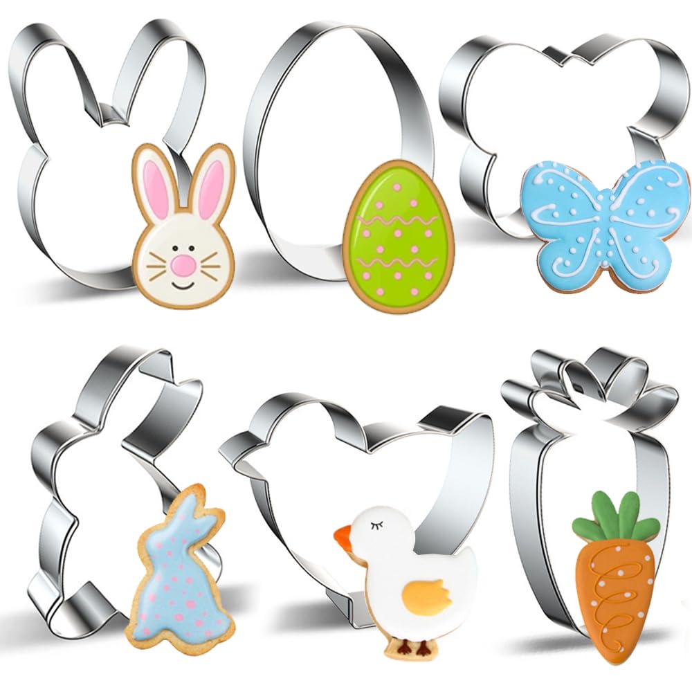 Easter Cookie Cutters Large Set of 6 - Egg, Chick, Carrot, Rabbit, Bunny Face, Butterfly Shapes - Stainless Steel Biscuit Molds for Spring Holiday Baking