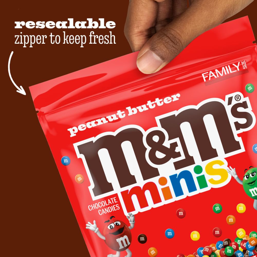 M&M'S MINIS Peanut Butter Milk Chocolate Summer Candy Bulk Summer Snacks, Family Size, 8.6 Oz Resealable Bag