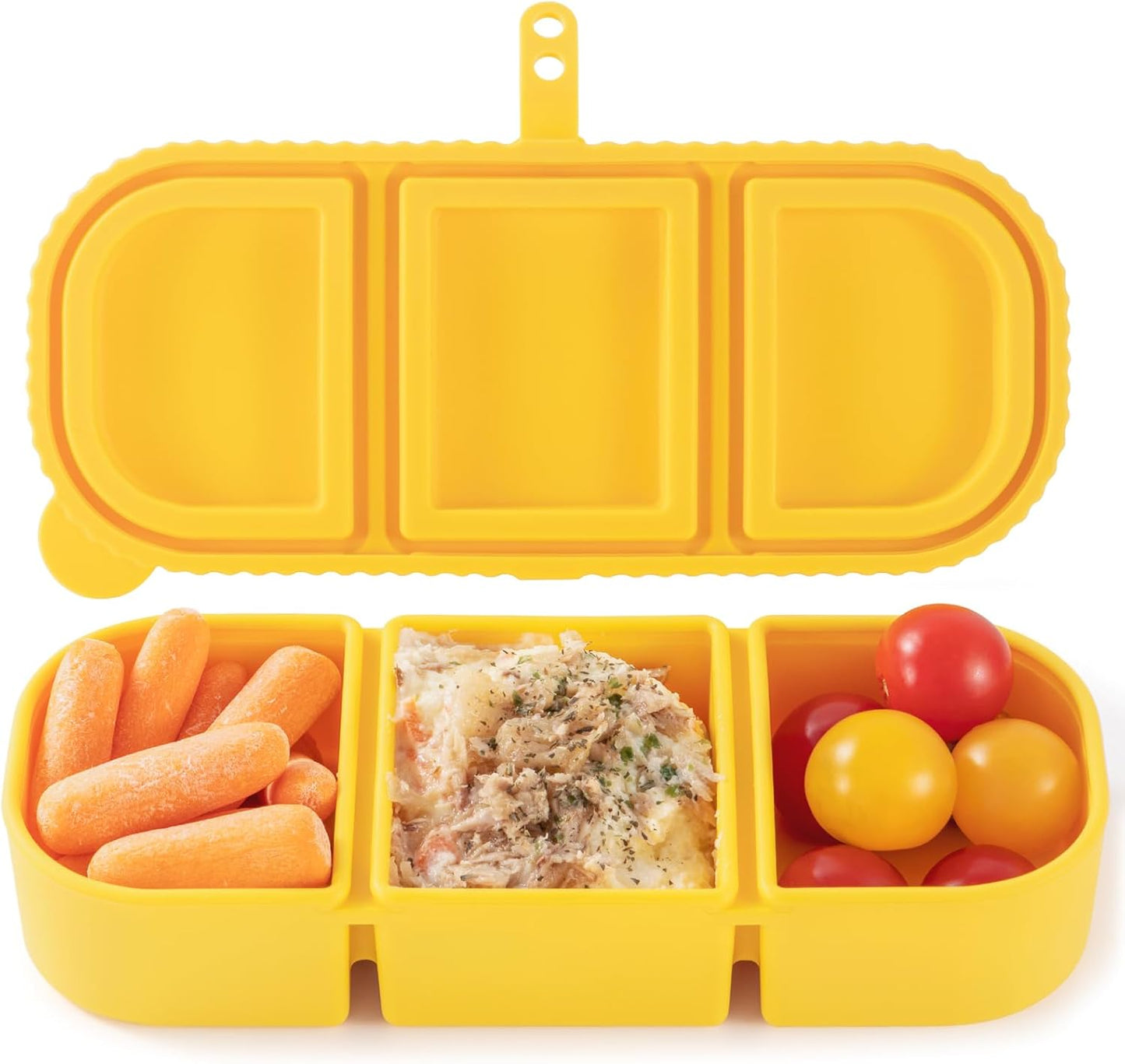 3Pack Silicone Reusable Snack Containers for Kids - 14 oz 3 Compartment Small Snackle Box with Lids for Lunch & Sauce, Food Storage for School, Travel, Work
