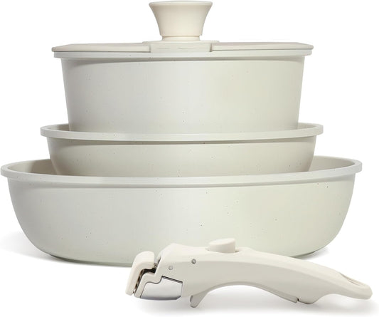 5PCS Pots and Pans Set Non Stick, Kitchen Cookware Sets with Detachable Handle, Induction Cookware Sets, Non Stick RV Cookware Cooking Set, Dishwasher ＆ Oven Safe, PFOA Free, Cream White
