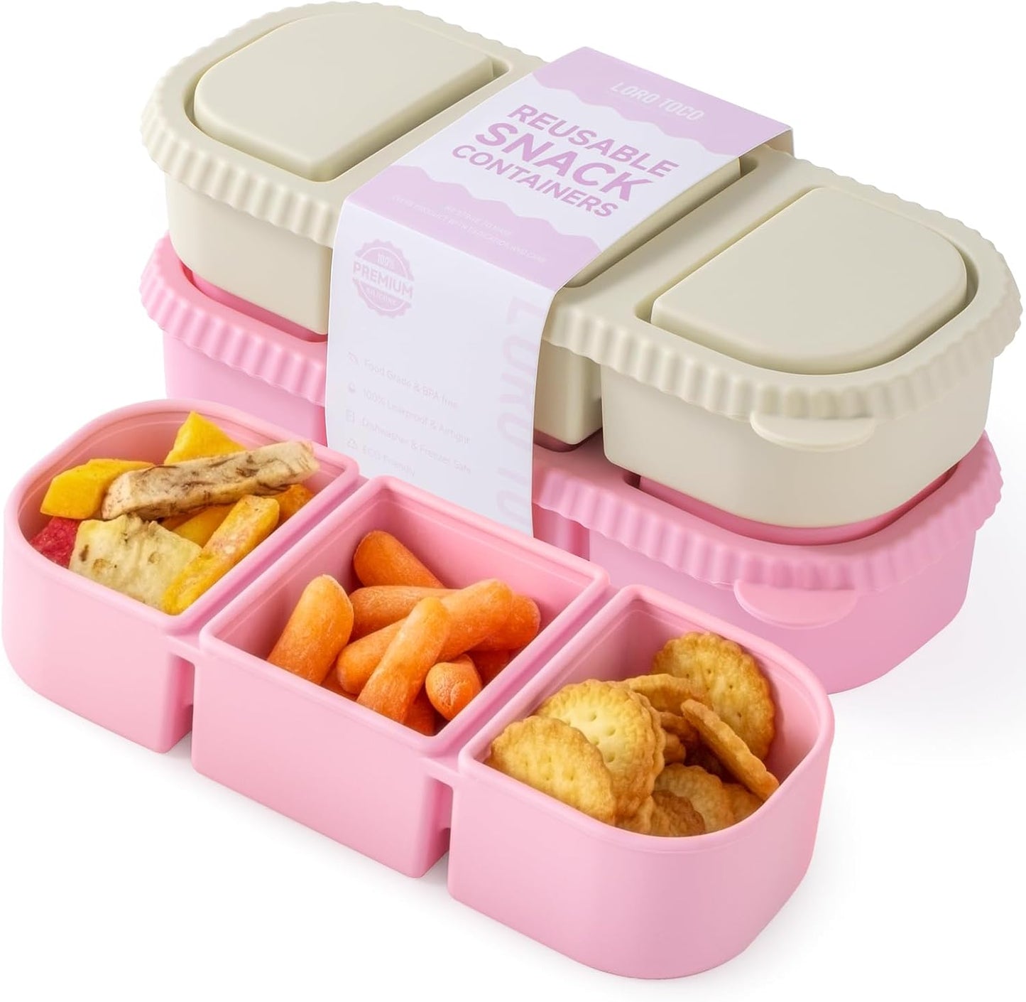 3Pack Silicone Reusable Snack Containers for Kids - 14 oz 3 Compartment Small Snackle Box with Lids for Lunch & Sauce, Food Storage for School, Travel, Work